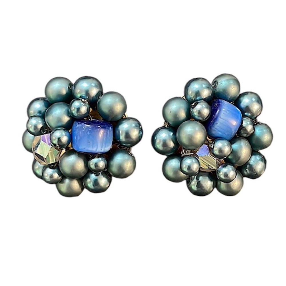 Vintage blue beaded clip earrings